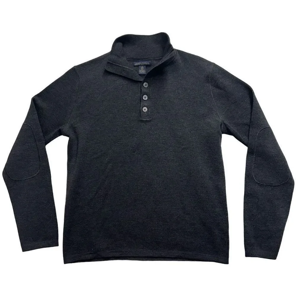 Banana Republic Mens Merino Wool Gray Button Collar Sweatshirt Medium Elbow Pads